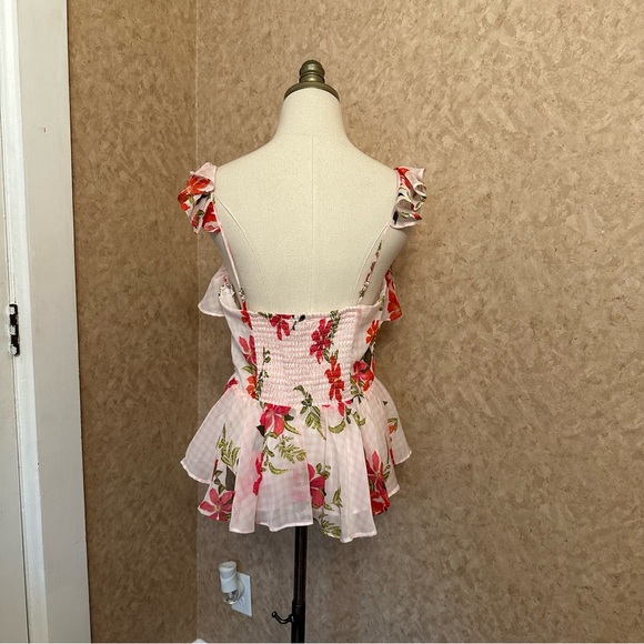 Guess Pink Gingham Floral Daydream Chiffon Cold Shoulder Peplum Top - Picture 3 of 12